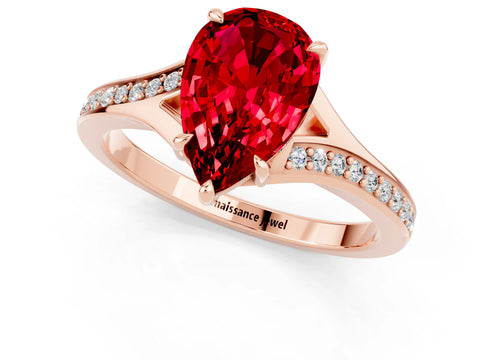 Rose gold Pear Cut Ruby Solitaire Ring with Pavé Band and Prong Setting_1