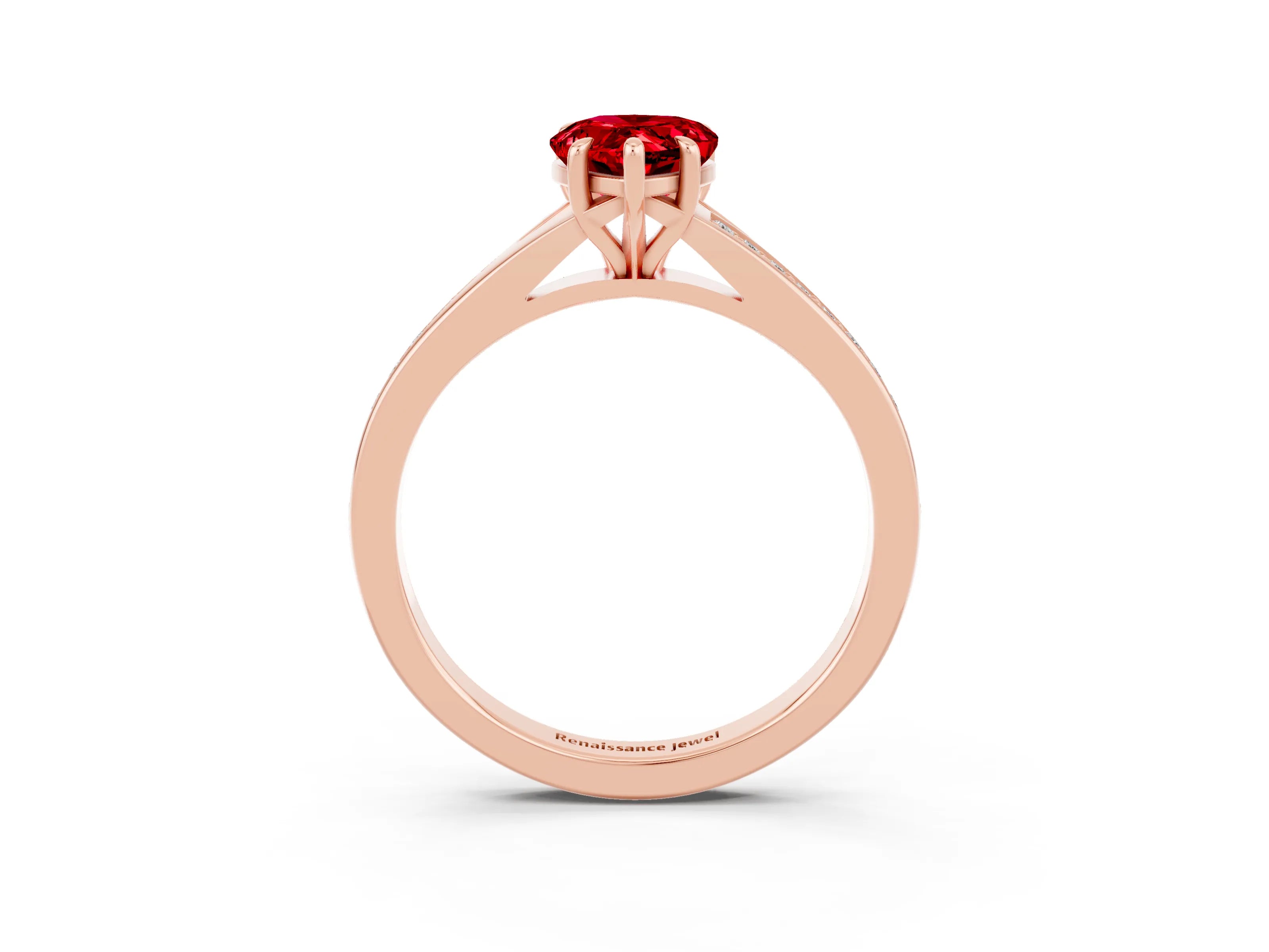 Rose gold Pear Cut Ruby Solitaire Ring with Pavé Band and Prong Setting_3