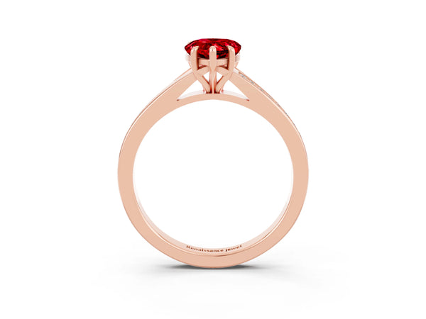 Rose gold Pear Cut Ruby Solitaire Ring with Pavé Band and Prong Setting