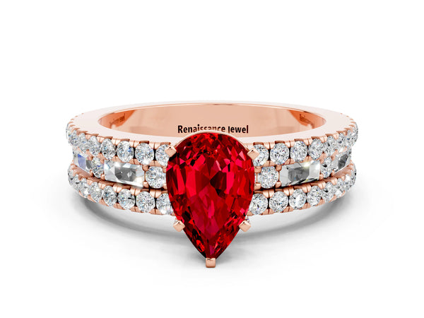 Rose gold Pear Cut Ruby Solitaire Ring with Pavé and Channel Set Band
