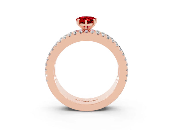 Rose gold Pear Cut Ruby Solitaire Ring with Pavé and Channel Set Band