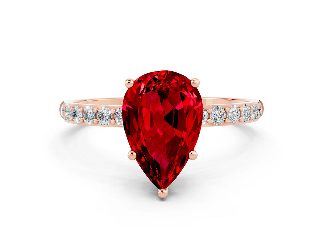 Rose gold Pear Cut Ruby Solitaire Ring with Pave Band and Four Prong Setting_24