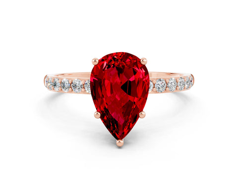 Rose gold Pear Cut Ruby Solitaire Ring with Pave Band and Four Prong Setting_24