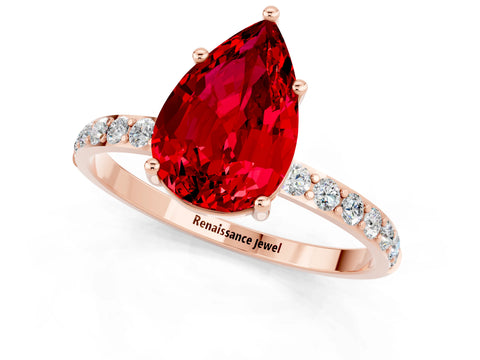 Rose gold Pear Cut Ruby Solitaire Ring with Pave Band and Four Prong Setting_25