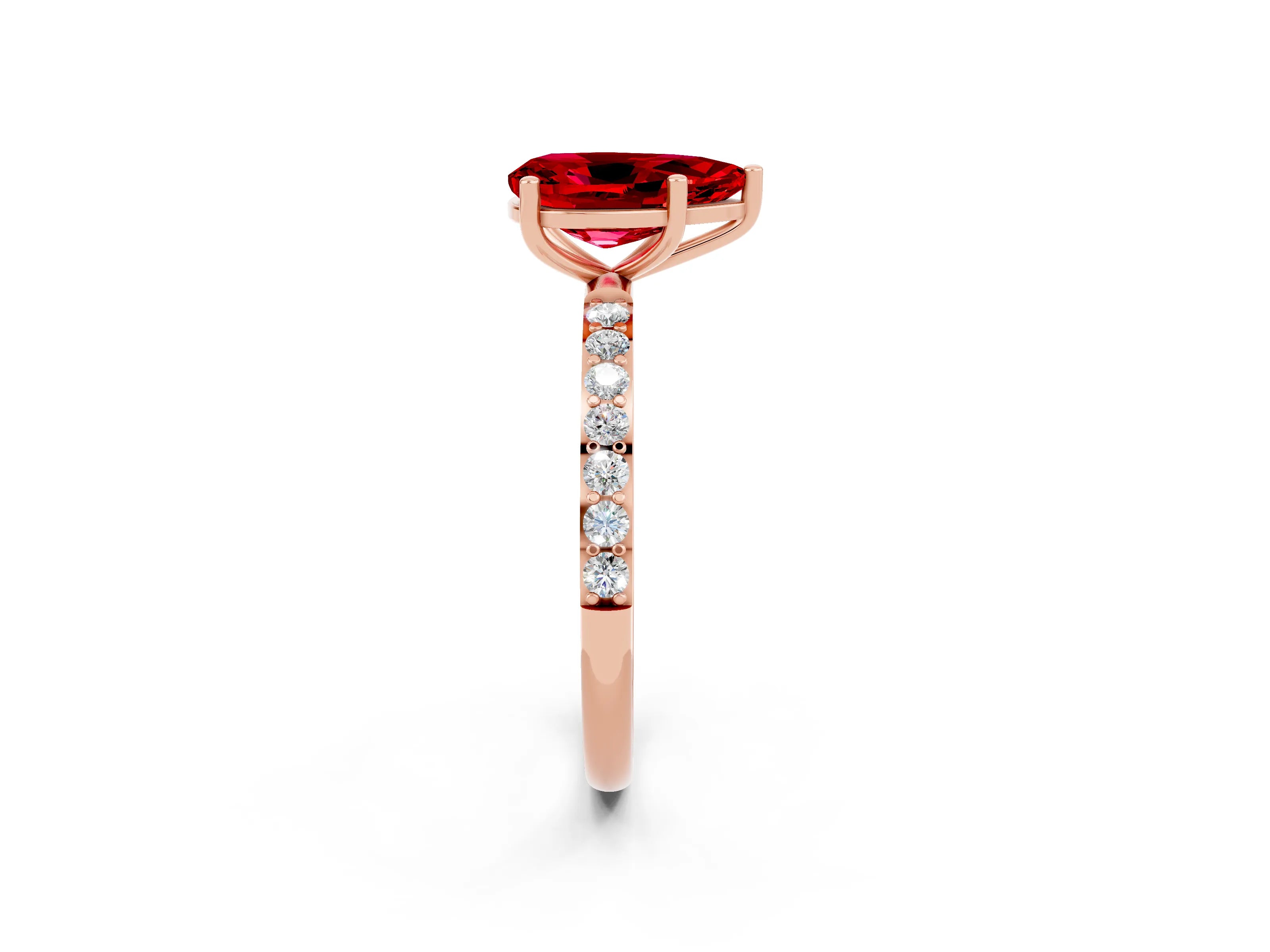 Rose gold Pear Cut Ruby Solitaire Ring with Pave Band and Four Prong Setting_26