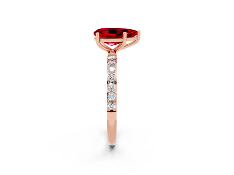 Rose gold Pear Cut Ruby Solitaire Ring with Pave Band and Four Prong Setting_26