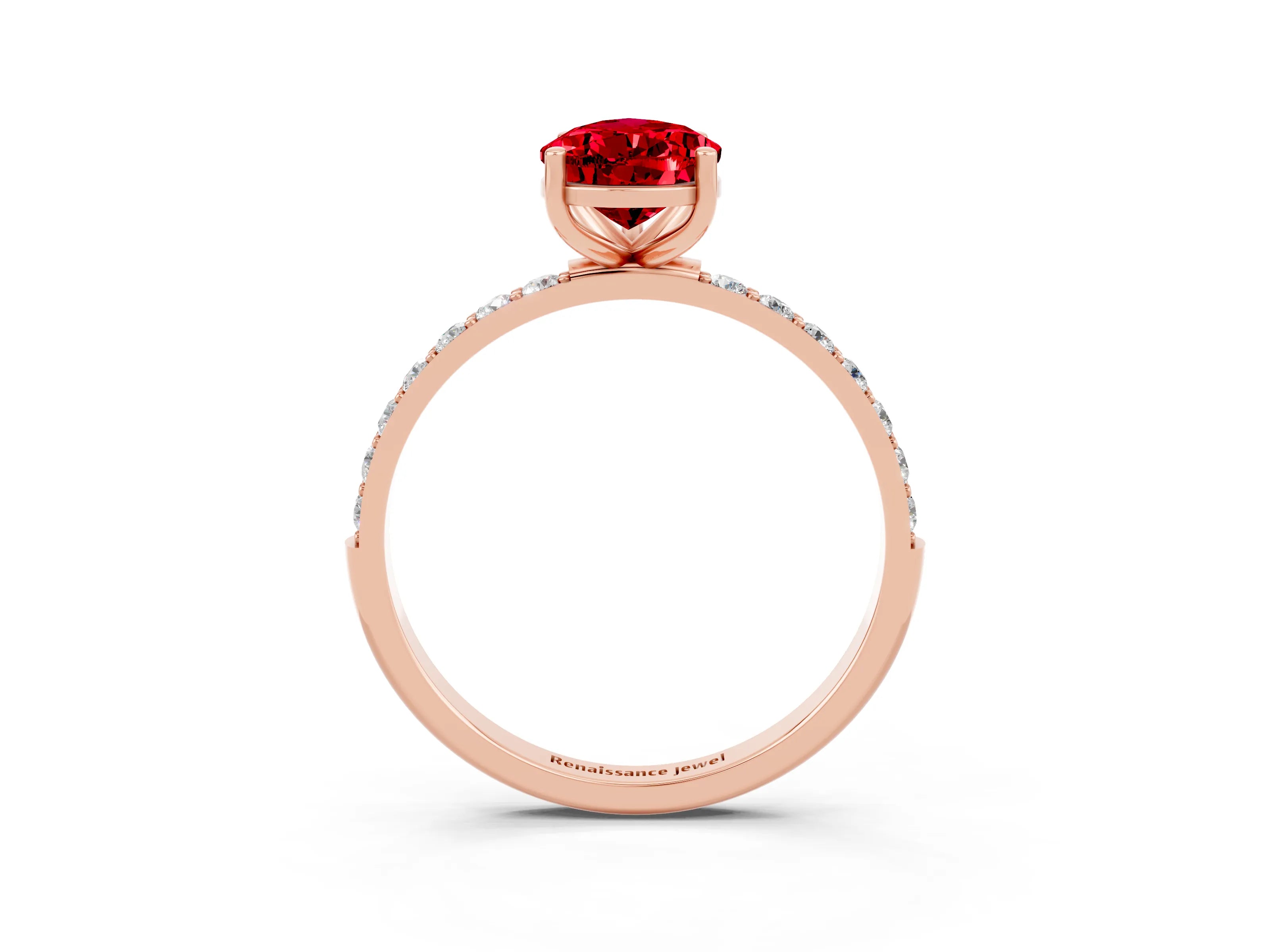 Rose gold Pear Cut Ruby Solitaire Ring with Pave Band and Four Prong Setting_27