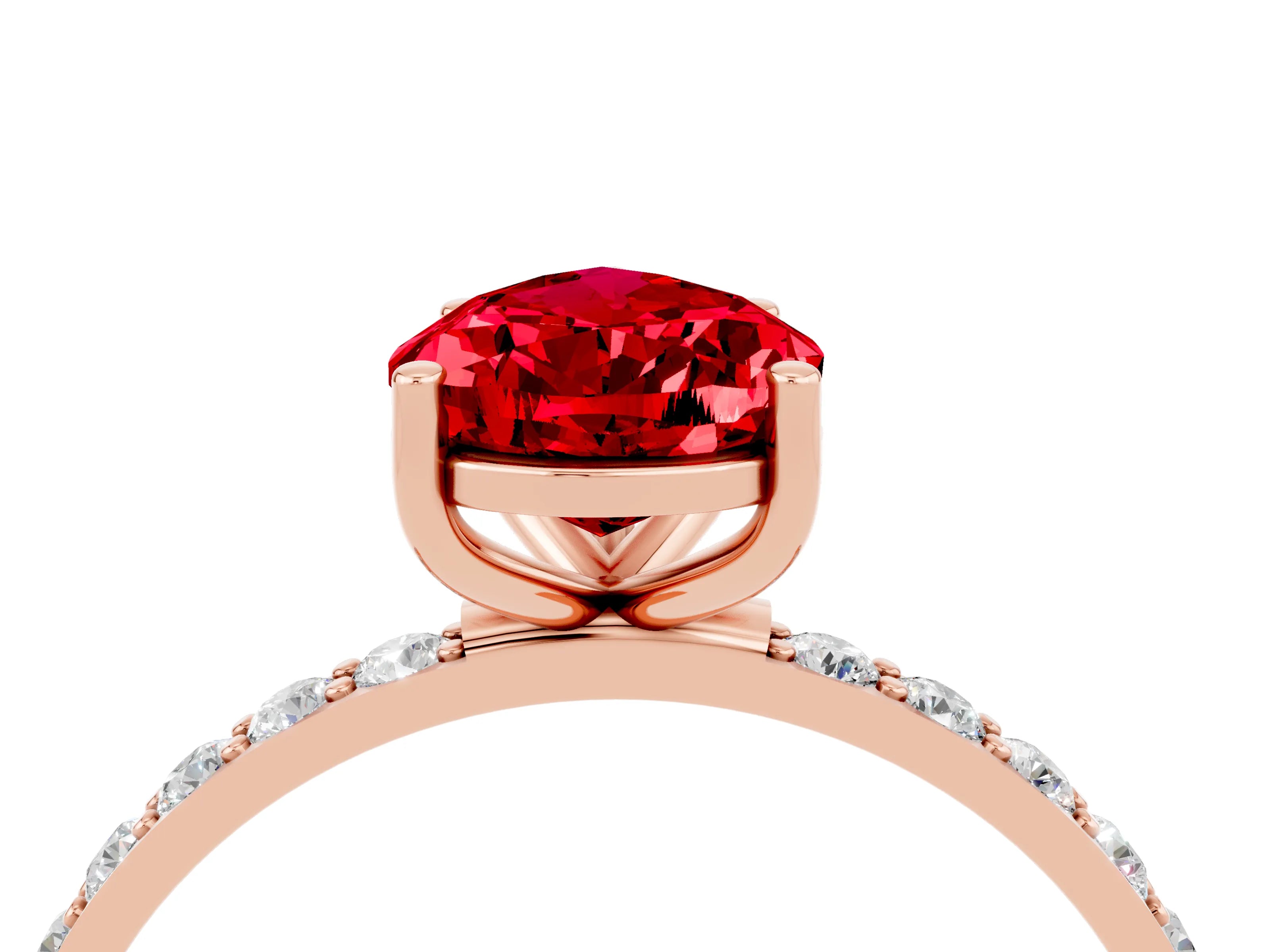 Rose gold Pear Cut Ruby Solitaire Ring with Pave Band and Four Prong Setting_28