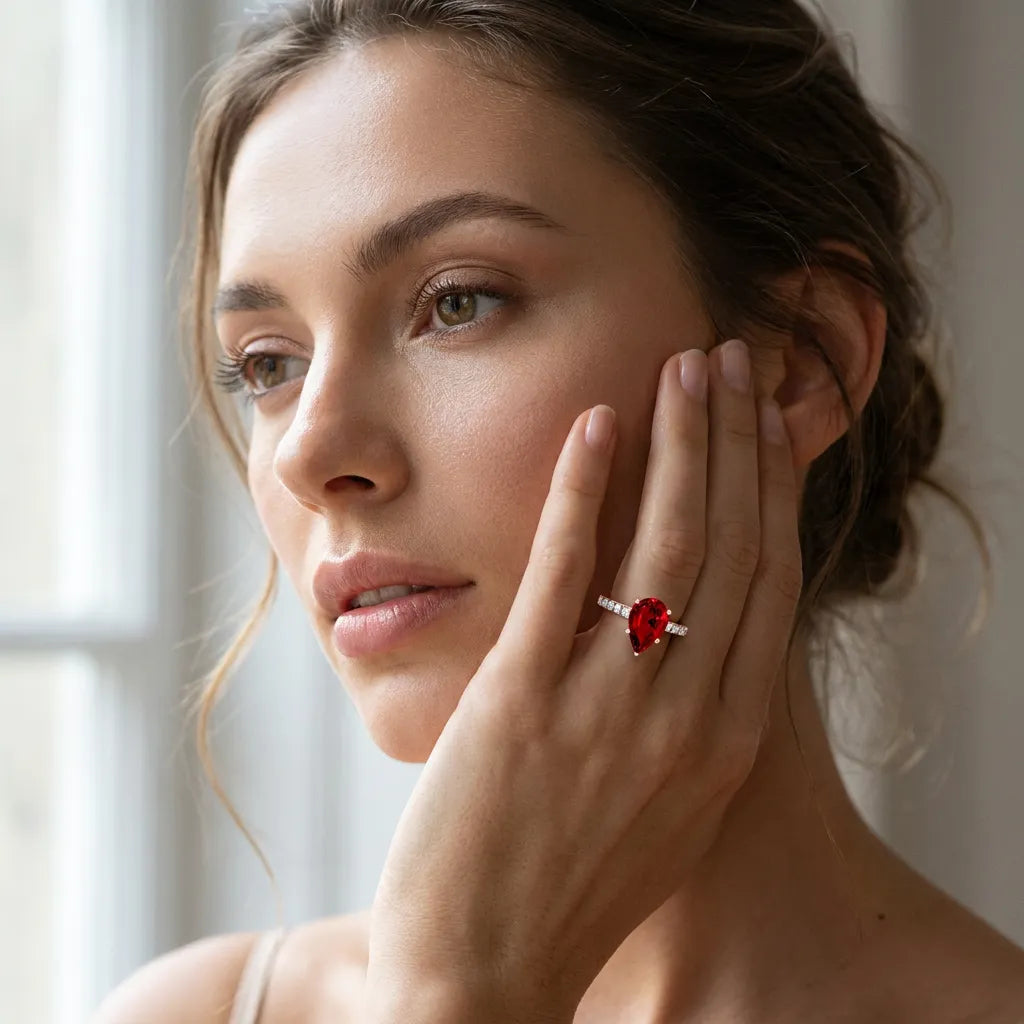 Rose gold Pear Cut Ruby Solitaire Ring with Round  Pavé Band and Four-Prong Setting_43