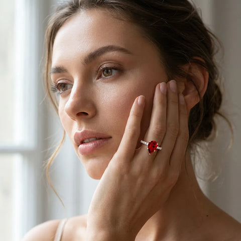 Rose gold Pear Cut Ruby Solitaire Ring with Round  Pavé Band and Four-Prong Setting_43