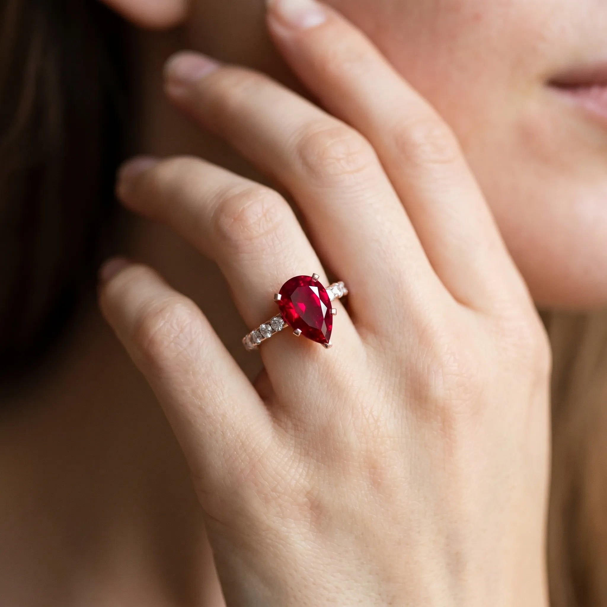 Rose gold Pear Cut Ruby Solitaire Ring with Round  Pavé Band and Four-Prong Setting_44
