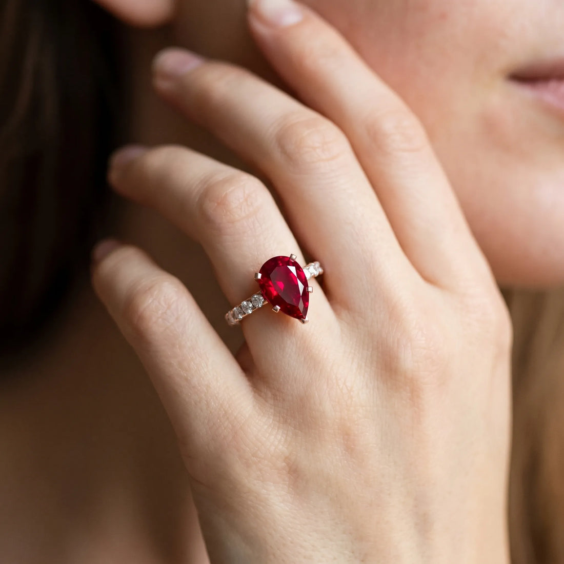 Rose gold Pear Cut Ruby Solitaire Ring with Round  Pavé Band and Four-Prong Setting_44