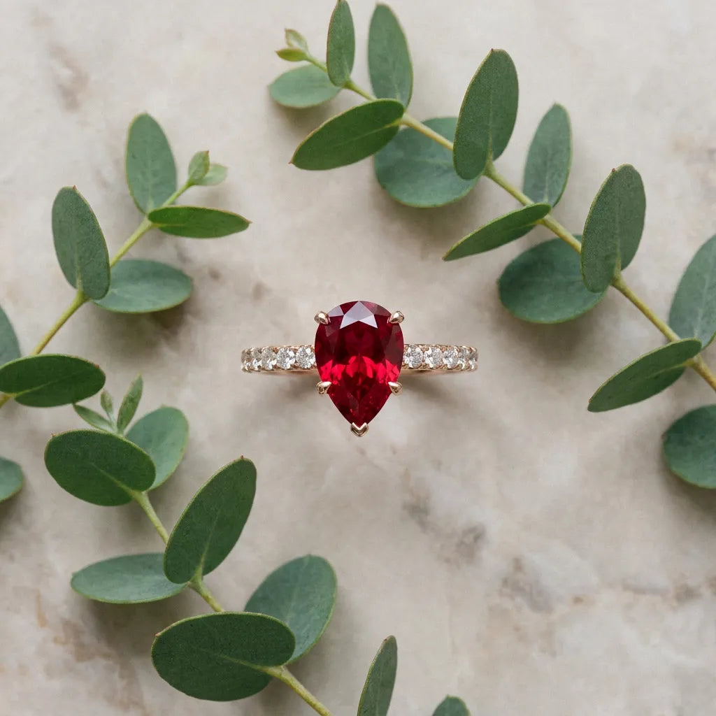 Rose gold Pear Cut Ruby Solitaire Ring with Round  Pavé Band and Four-Prong Setting_45
