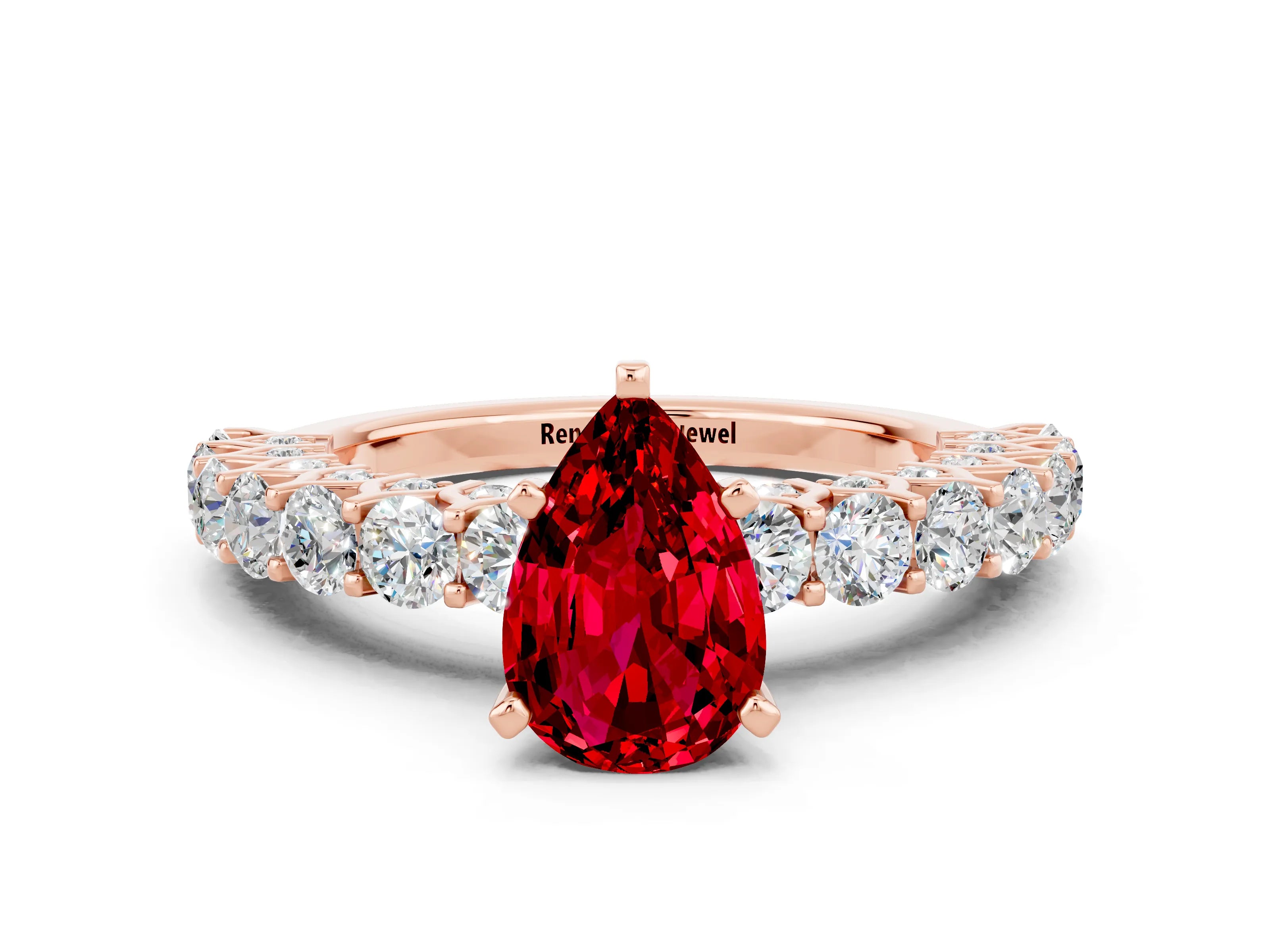 Rose gold Pear Cut Ruby Solitaire Ring with Shared Prong Pavé Band and Four-Prong Setting