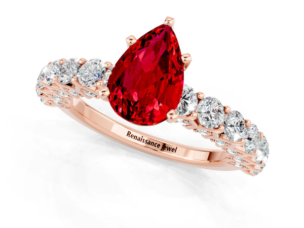 Rose gold Pear Cut Ruby Solitaire Ring with Shared Prong Pavé Band and Four-Prong Setting