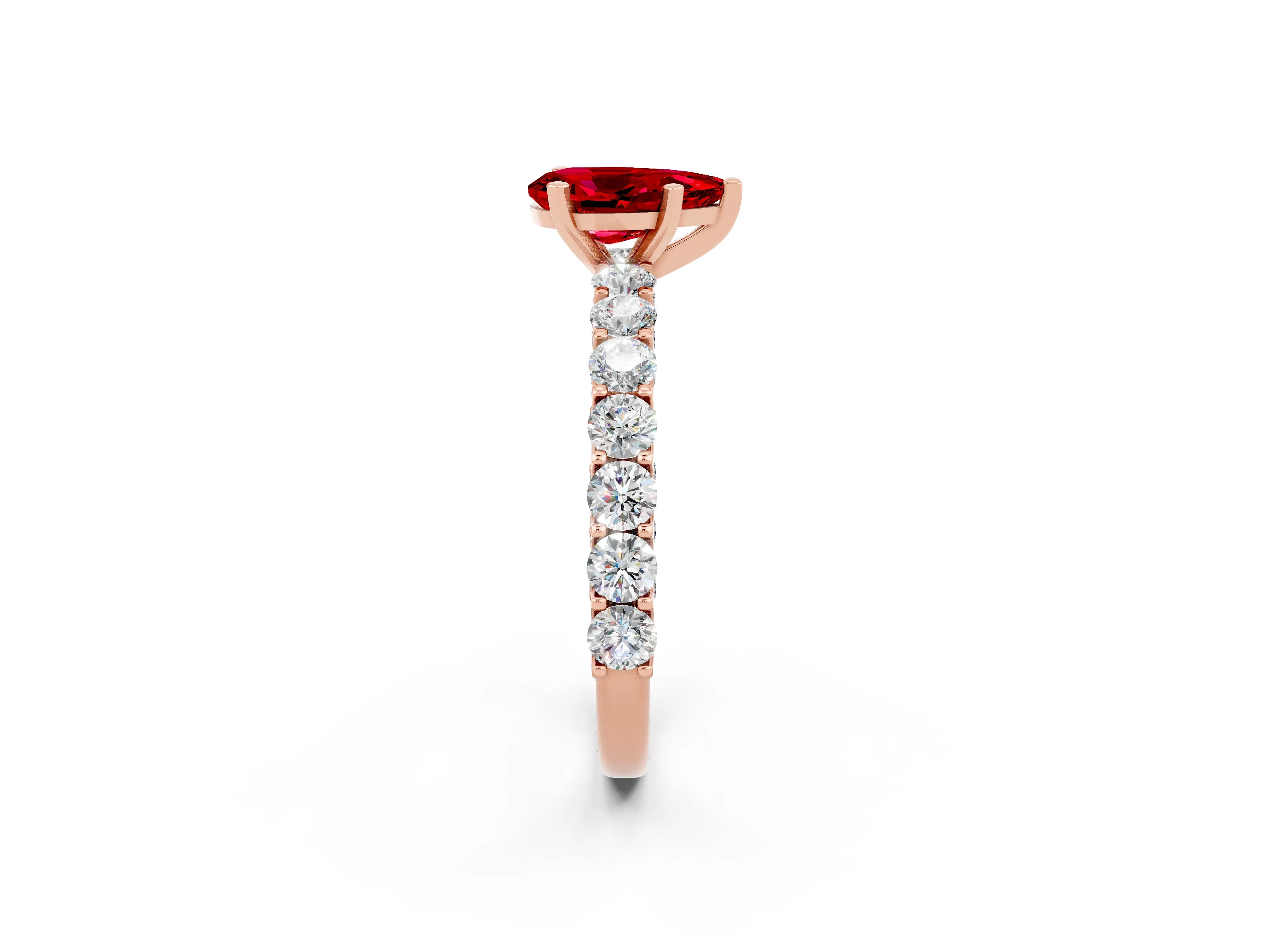 Rose gold Pear Cut Ruby Solitaire Ring with Shared Prong Pavé Band and Four-Prong Setting_2