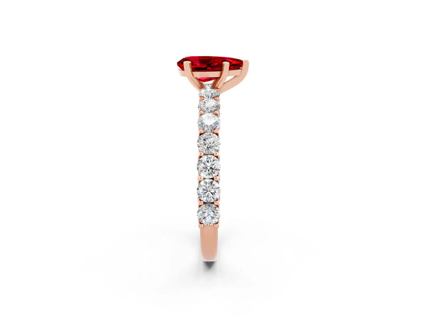 Rose gold Pear Cut Ruby Solitaire Ring with Shared Prong Pavé Band and Four-Prong Setting