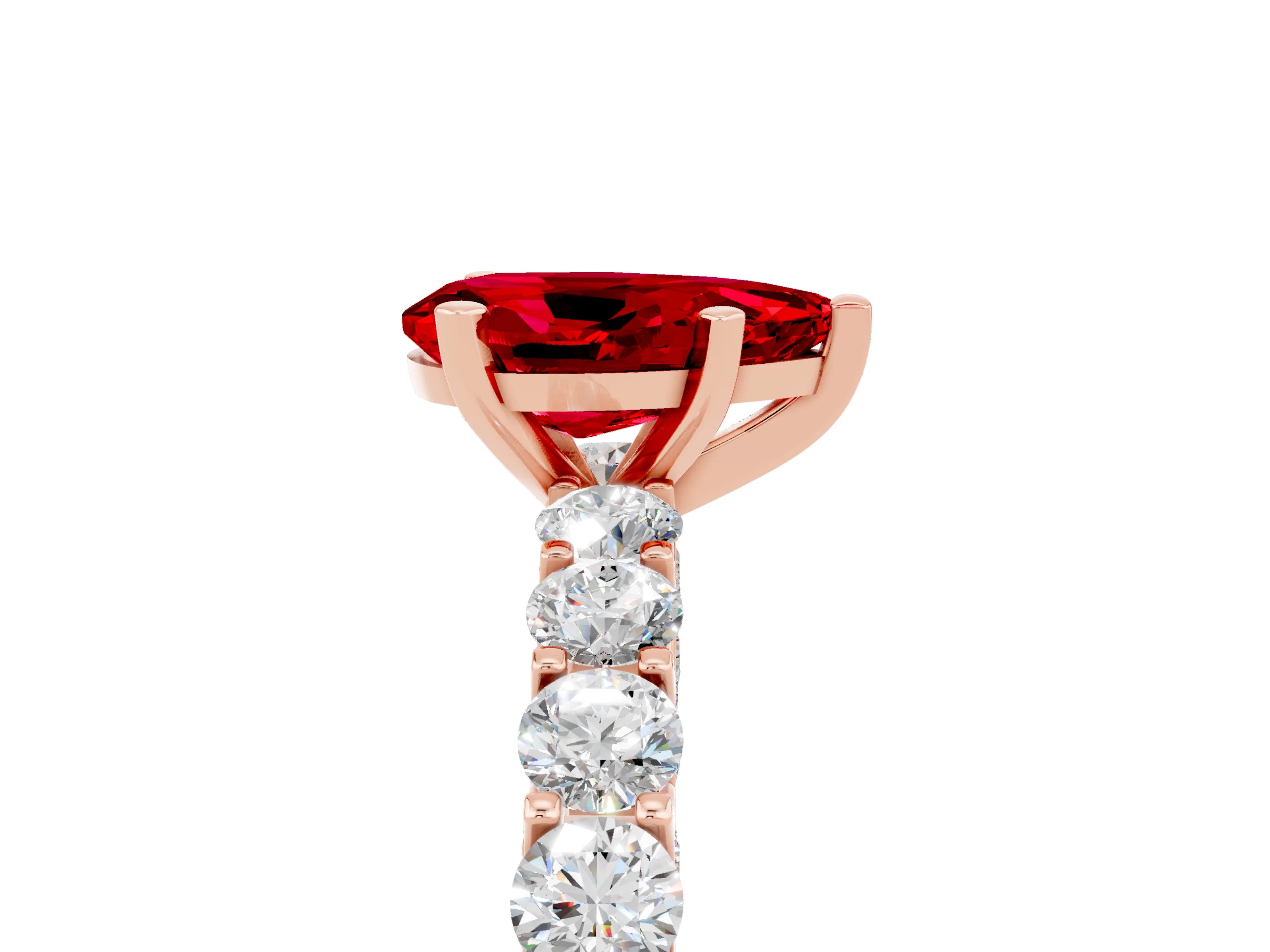 Rose gold Pear Cut Ruby Solitaire Ring with Shared Prong Pavé Band and Four-Prong Setting_5