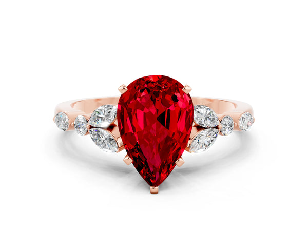 Rose gold Pear Cut Ruby Solitaire Ring with Side Stones and Four-Prong Setting