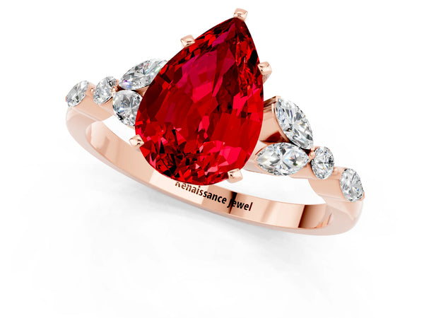 Rose gold Pear Cut Ruby Solitaire Ring with Side Stones and Four-Prong Setting