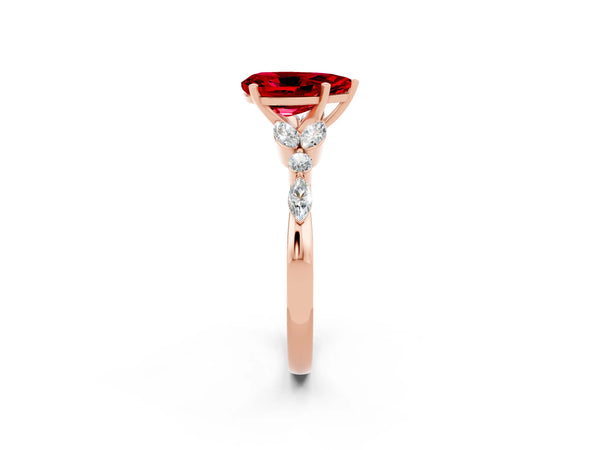 Rose gold Pear Cut Ruby Solitaire Ring with Side Stones and Four-Prong Setting