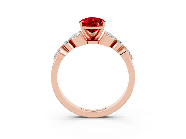 Rose gold Pear Cut Ruby Solitaire Ring with Side Stones and Four-Prong Setting