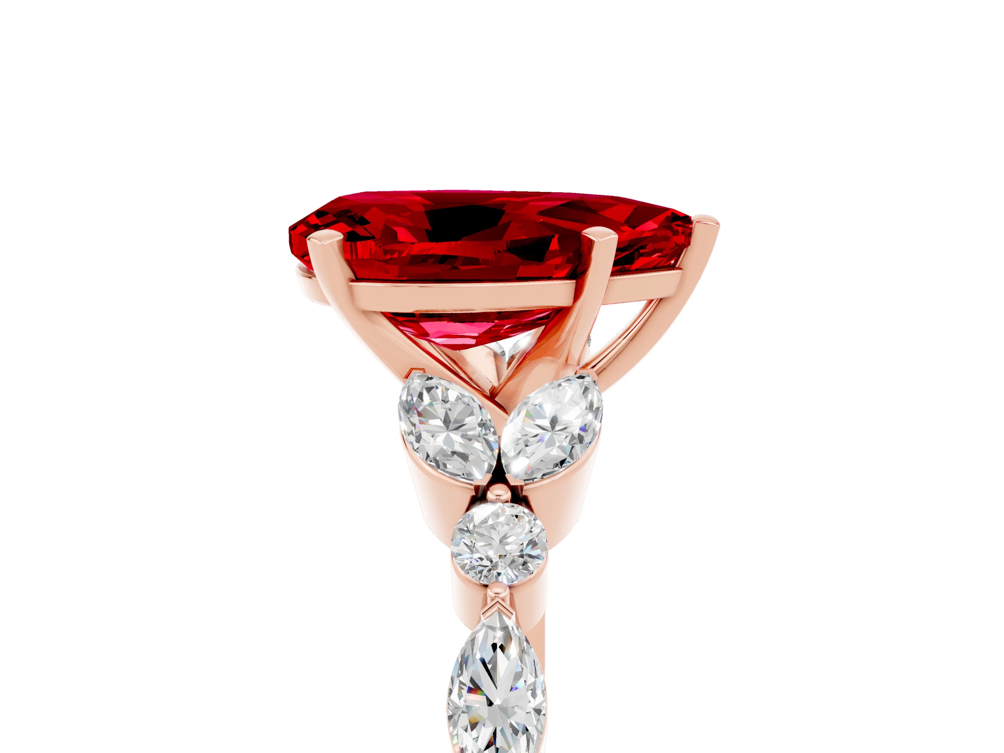 Rose gold Pear Cut Ruby Solitaire Ring with Side Stones and Four-Prong Setting_17