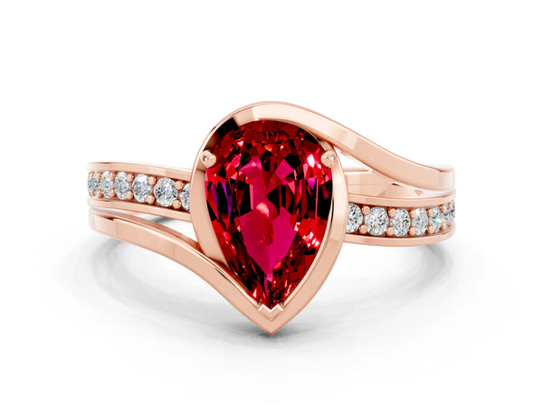 Rose gold Pear Cut Ruby Solitaire Ring with Split Shank and Prong Setting