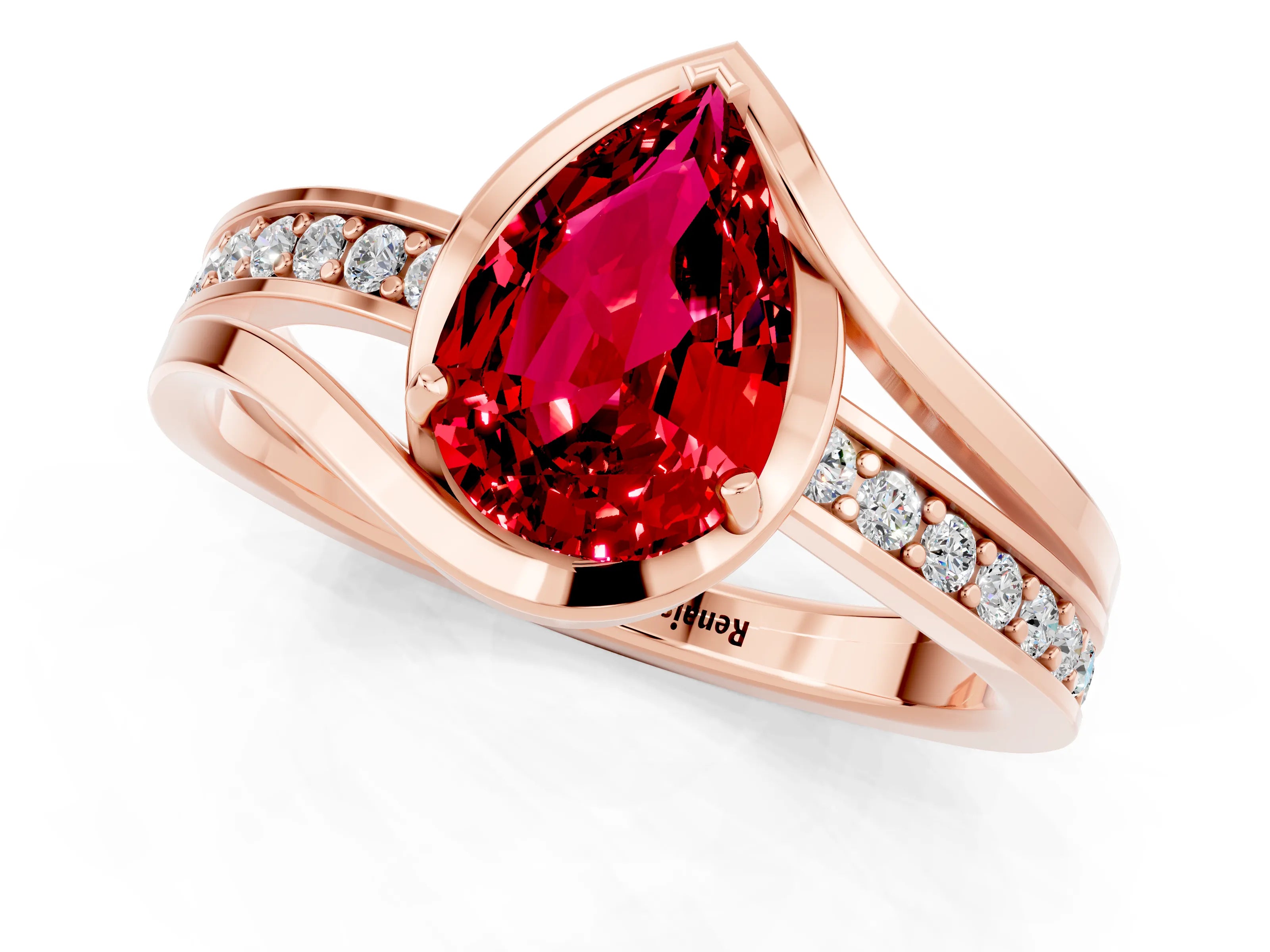 Rose gold Pear Cut Ruby Solitaire Ring with Split Shank and Prong Setting_1