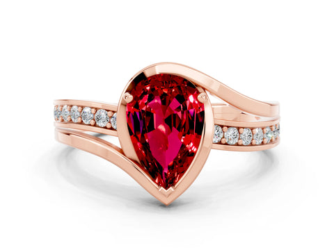 Rose gold Pear Cut Ruby Solitaire Ring with Split Shank and Prong Setting