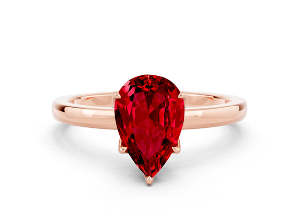 Rose gold Pear Cut Ruby Solitaire Ring with Thin Band and Prong Setting