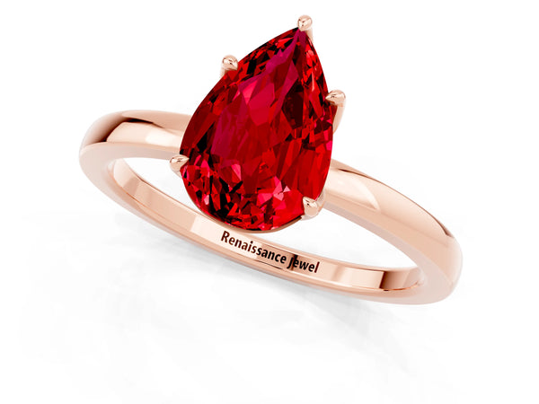 Rose gold Pear Cut Ruby Solitaire Ring with Thin Band and Prong Setting