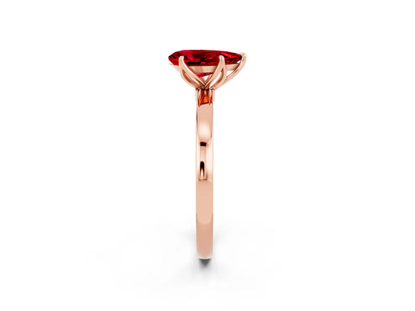 Rose gold Pear Cut Ruby Solitaire Ring with Thin Band and Prong Setting