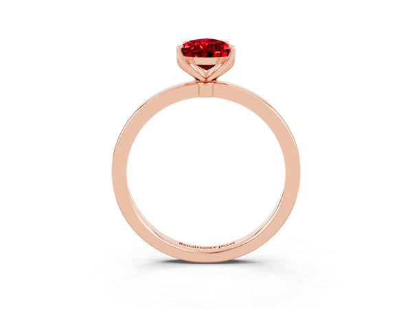 Rose gold Pear Cut Ruby Solitaire Ring with Thin Band and Prong Setting