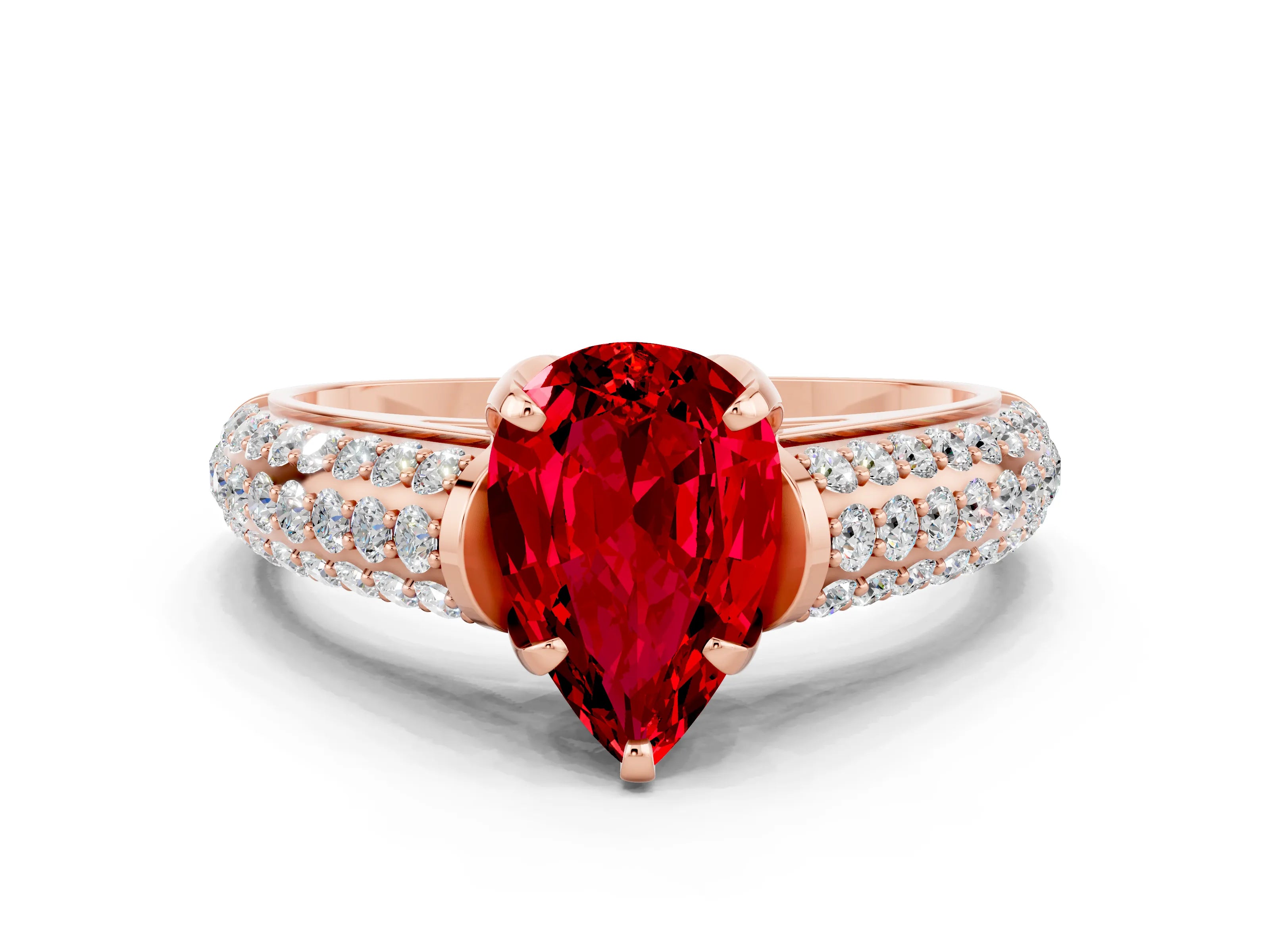 Rose gold Pear Cut Ruby Solitaire Ring with Three-Row Pavé Band and Four-Prong Setting_12
