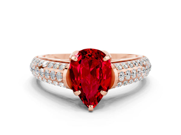 Rose gold Pear Cut Ruby Solitaire Ring with Three-Row Pavé Band and Four-Prong Setting