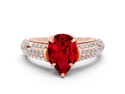 Rose gold Pear Cut Ruby Solitaire Ring with Three-Row Pavé Band and Four-Prong Setting_12
