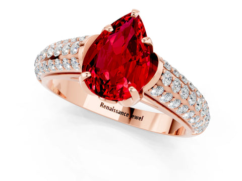 Rose gold Pear Cut Ruby Solitaire Ring with Three-Row Pavé Band and Four-Prong Setting_13