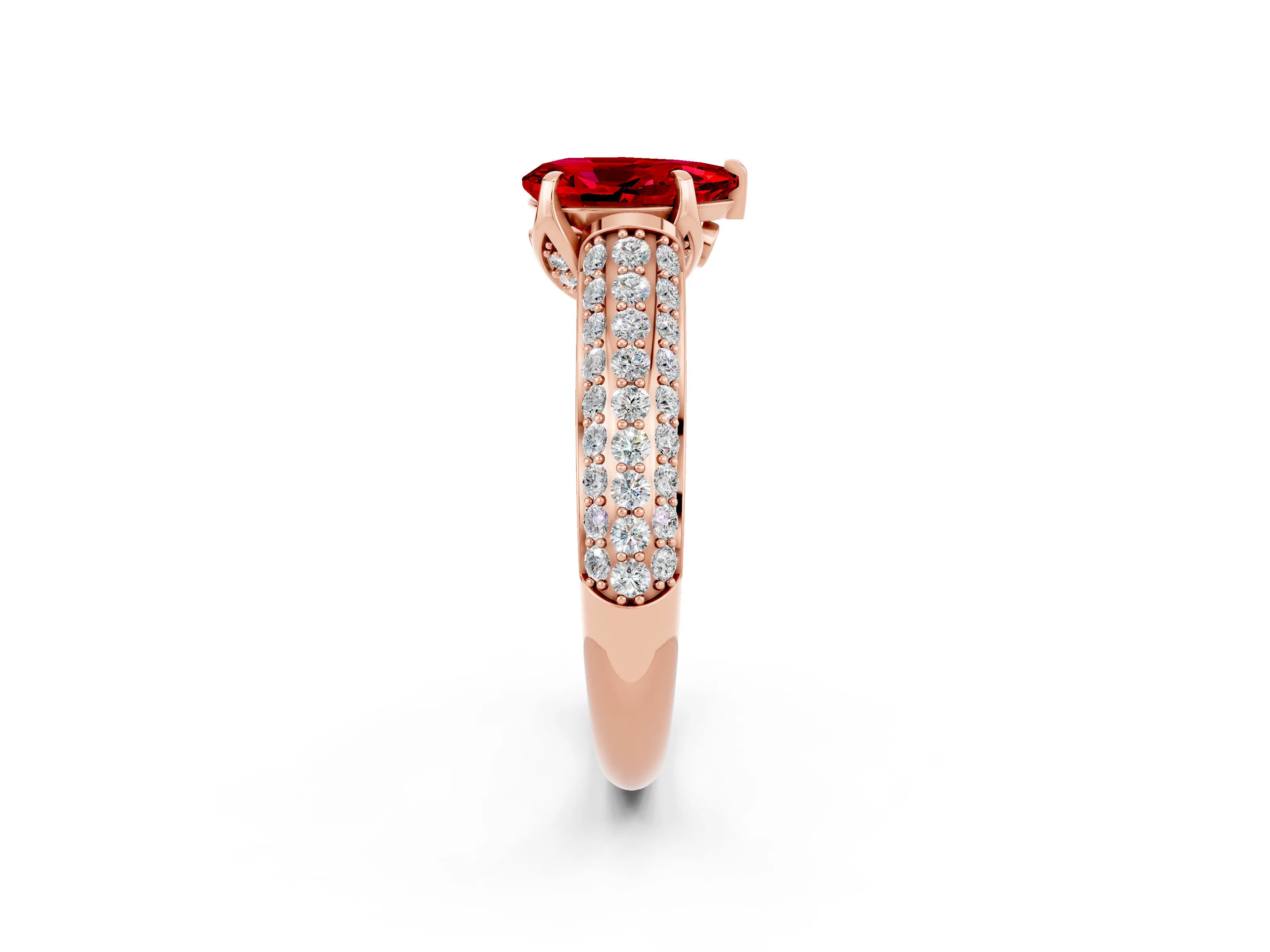 Rose gold Pear Cut Ruby Solitaire Ring with Three-Row Pavé Band and Four-Prong Setting_14