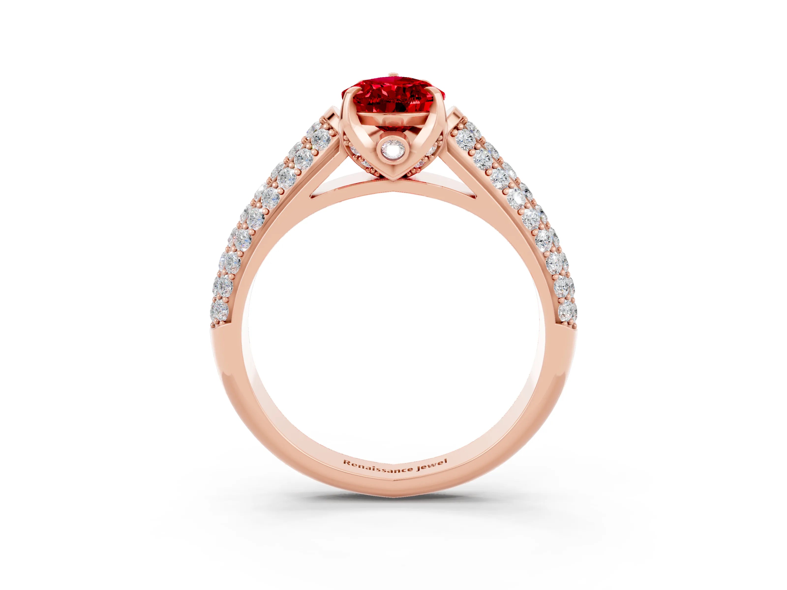 Rose gold Pear Cut Ruby Solitaire Ring with Three-Row Pavé Band and Four-Prong Setting_15