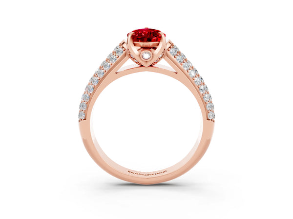 Rose gold Pear Cut Ruby Solitaire Ring with Three-Row Pavé Band and Four-Prong Setting
