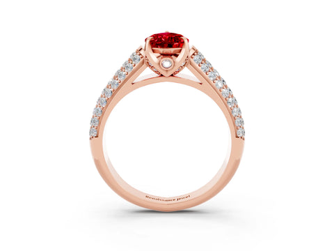 Rose gold Pear Cut Ruby Solitaire Ring with Three-Row Pavé Band and Four-Prong Setting_15
