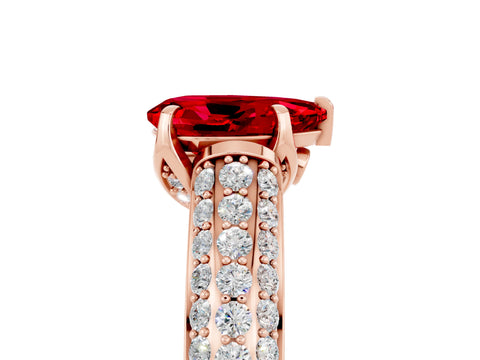 Rose gold Pear Cut Ruby Solitaire Ring with Three-Row Pavé Band and Four-Prong Setting_17