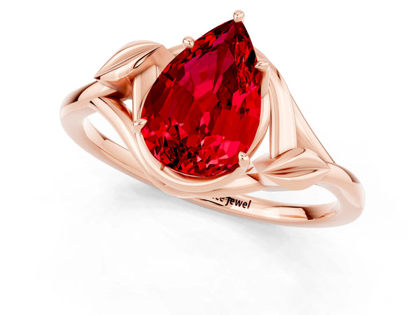 Rose gold Pear Cut Ruby Solitaire Ring with Twist Band and Four-Prong Setting
