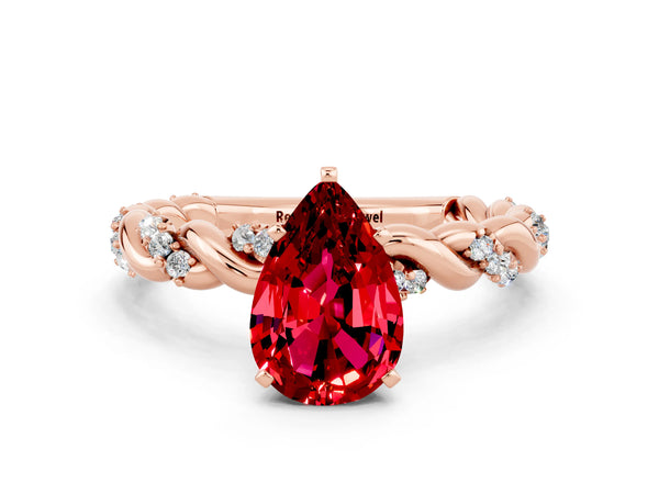 Rose gold Pear Cut Ruby Solitaire Ring with Twisted Band and Pavé Accents