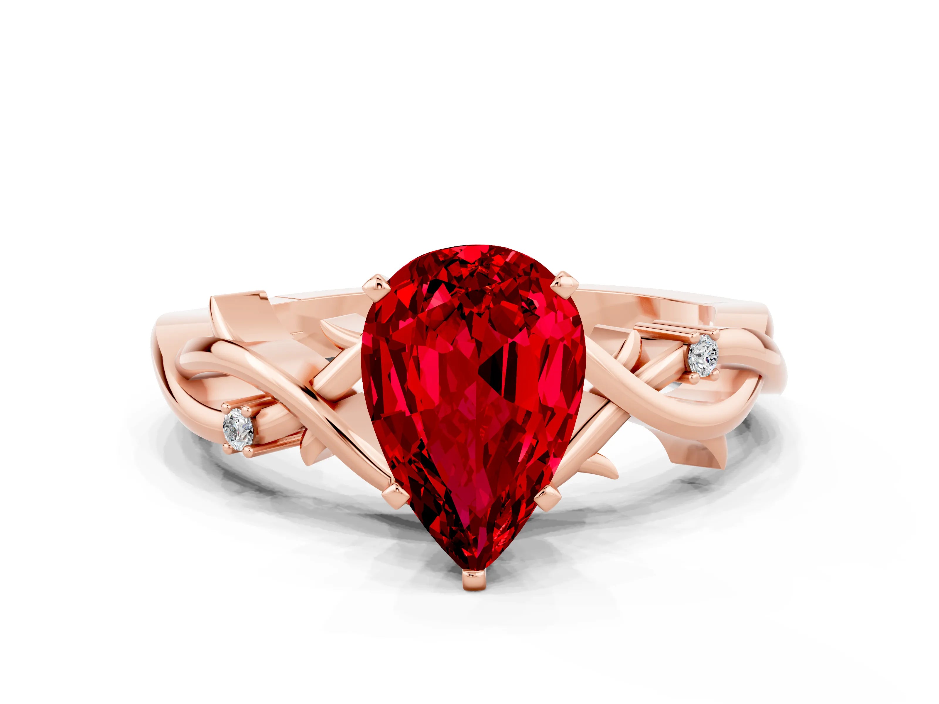 Rose gold Pear Cut Ruby Solitaire Ring with Twisted Band and Prong Setting