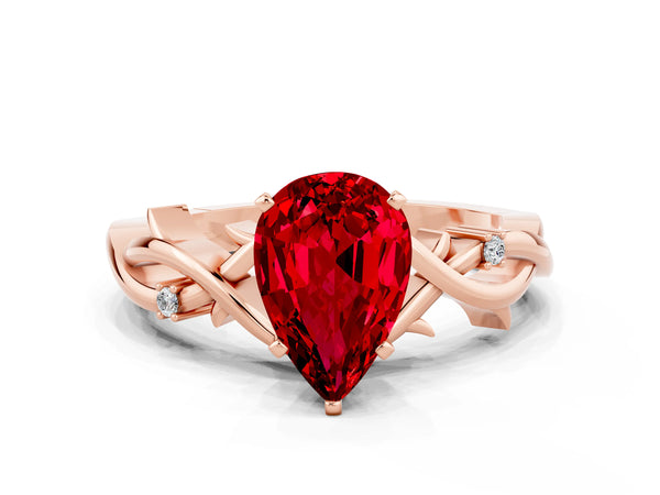Rose gold Pear Cut Ruby Solitaire Ring with Twisted Band and Prong Setting