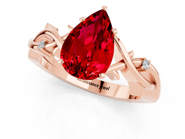 Rose gold Pear Cut Ruby Solitaire Ring with Twisted Band and Prong Setting