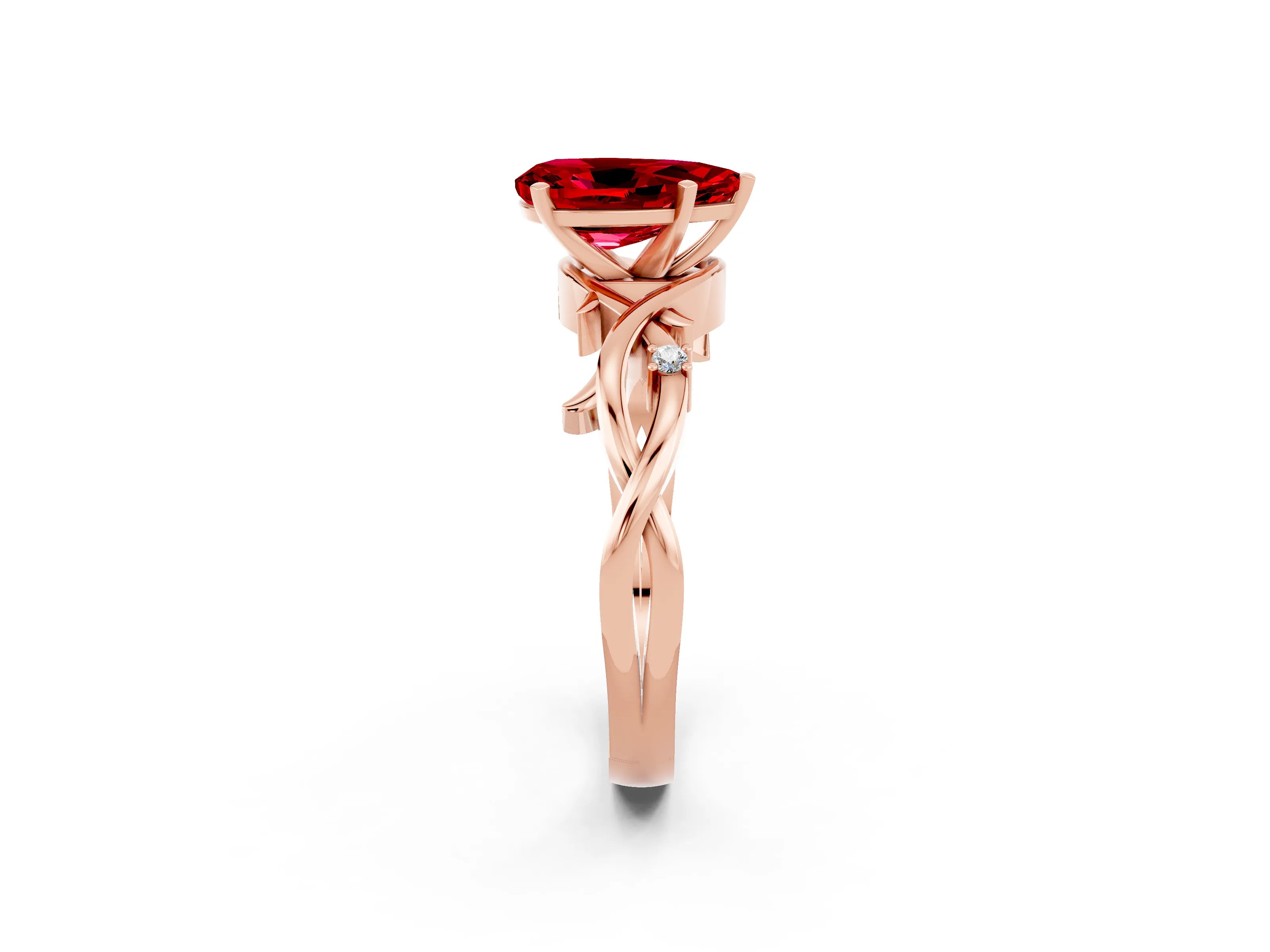 Rose gold Pear Cut Ruby Solitaire Ring with Twisted Band and Prong Setting_2