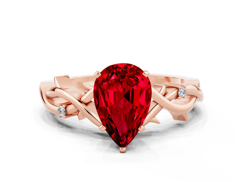Rose gold Pear Cut Ruby Solitaire Ring with Twisted Band and Prong Setting